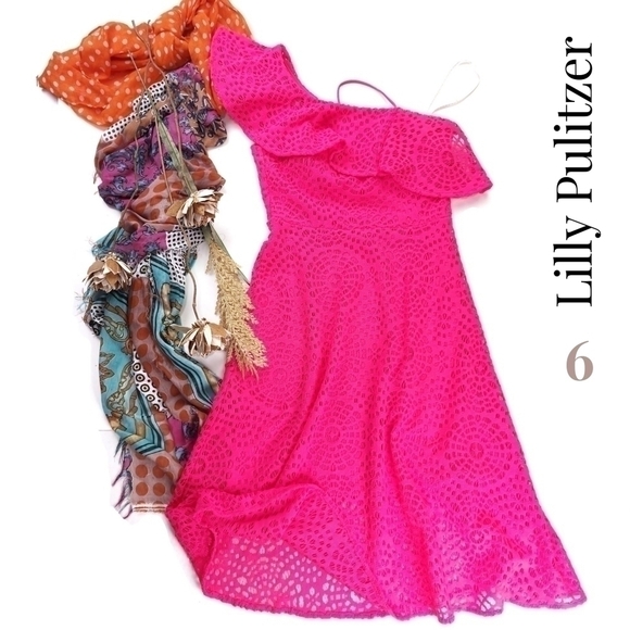 Lilly Pulitzer Dresses & Skirts - Like New Lilly Pulitzer Pink Eyelet One Shoulder Dress Sz 6 Barbiecore